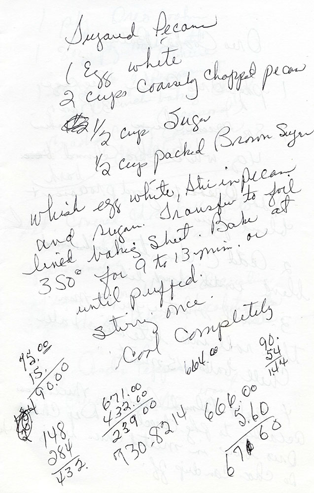 Mama Peggy's handwritten recipe for Sugared Pecans